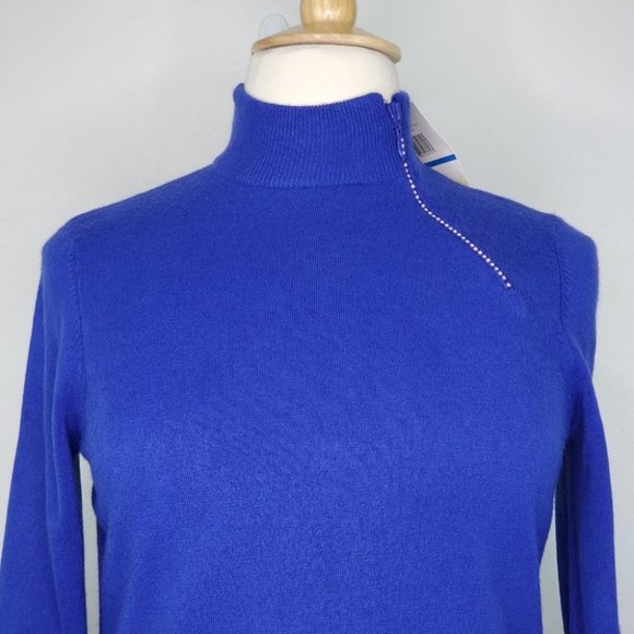 Luxe 360 Cobalt Blue Petite Sweater with Bling Zipper at Side Neck NEW Size XLP - Picture 2 of 15